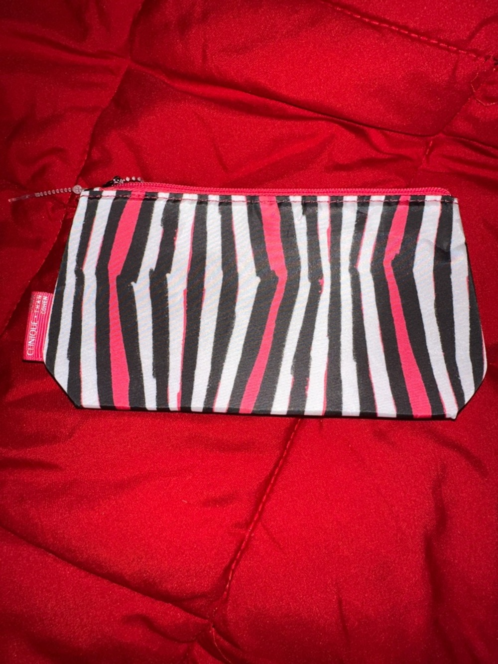 Clinique Pink Black White Striped Cosmetic Bag